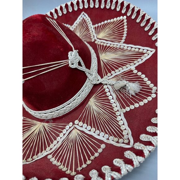 piggalle salazar Red Velvet Sombrero hat Intricate White Embroidery Tassel XL - Picture 6 of 13